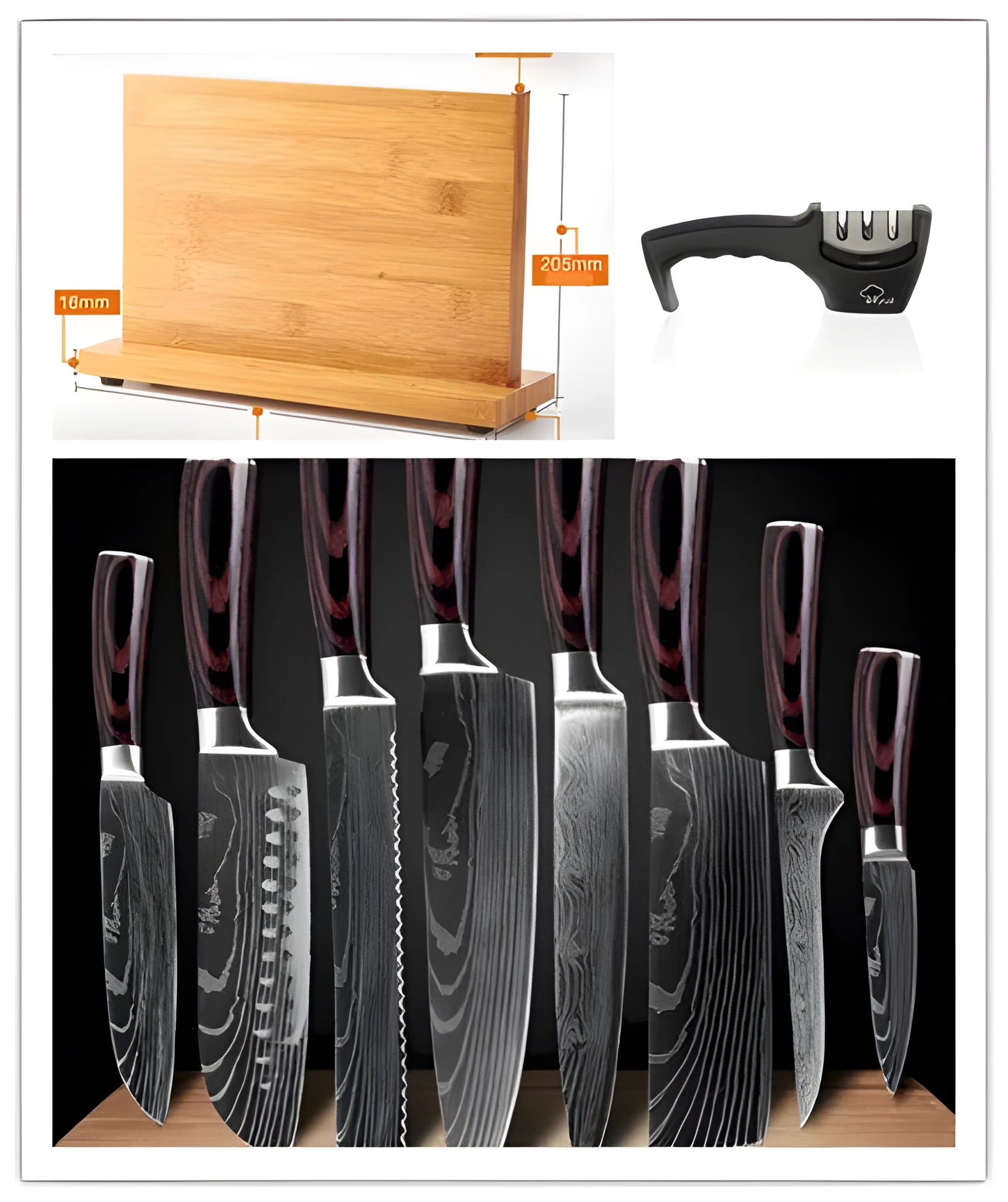 Eight-piece kitchen knives set showing chef knife, bread knife, boning knife and fruit peel knife with Damascus steel blades