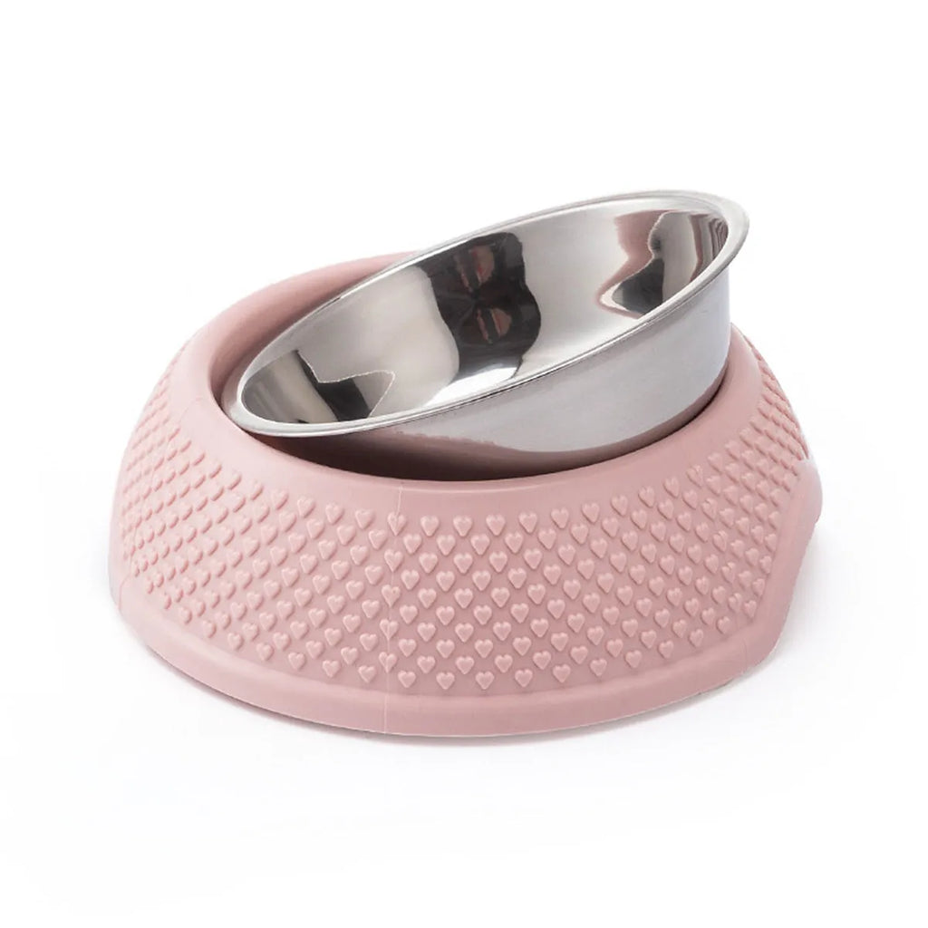 Stainless steel pet bowl with non-slip base in blue, green, and pink colour options.