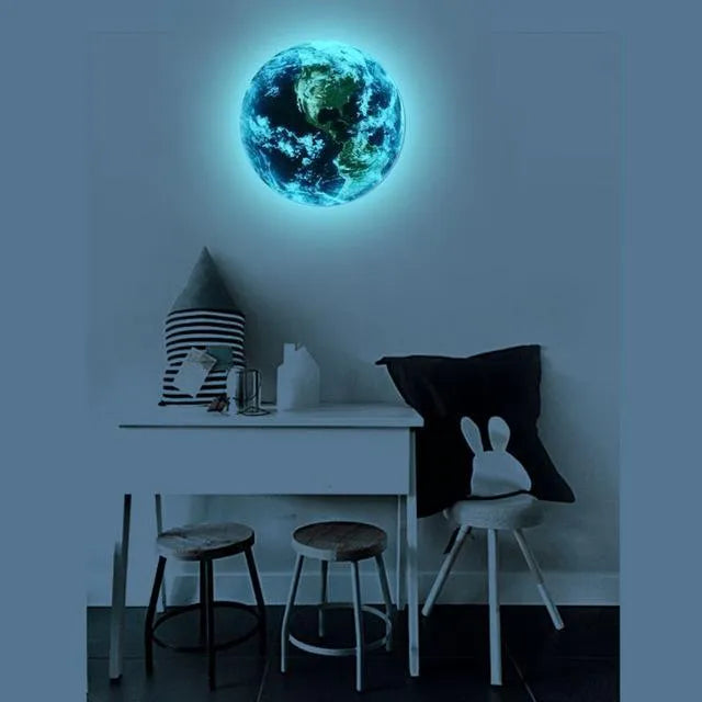 Glow in the dark Earth planet wall sticker showing luminous effect in darkness with PVC removable construction