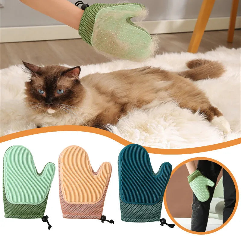 Pet grooming glove in dark blue, light green or yellow for removing cat and dog hair during bathing