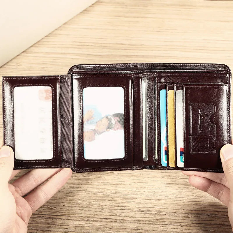 Men's leather wallet in black or brown showing internal compartments for cards, photos, banknotes, coins and documents