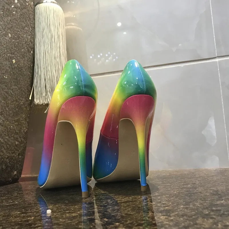 Rainbow colour patent leather women's high heels with pointed toe and thin ultra-high heel.