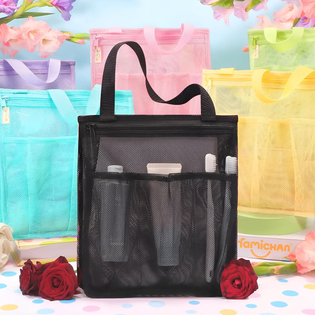 Large black and pink polyester swimming gym bags with mesh pockets and dry wet separation compartments.