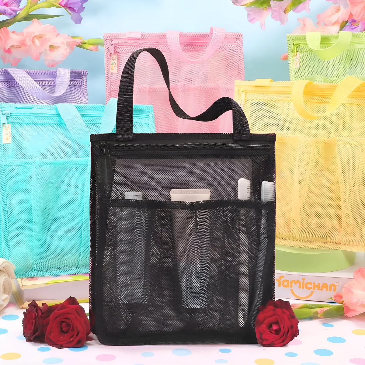 Large black and pink polyester swimming gym bags with mesh pockets and dry wet separation compartments.