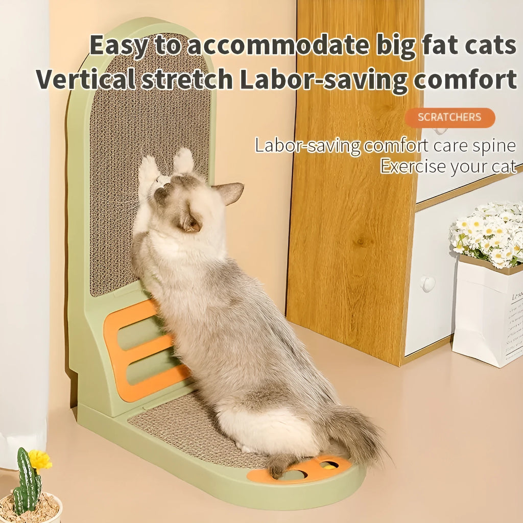 Grey L-shaped vertical cat scratching board with sisal surface mounted on a wall