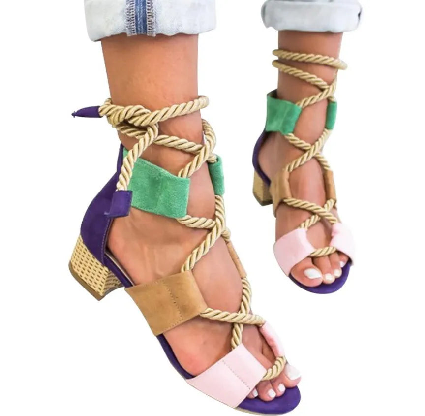 Women's beige suede thick-heeled sandals with front strap and ankle strap