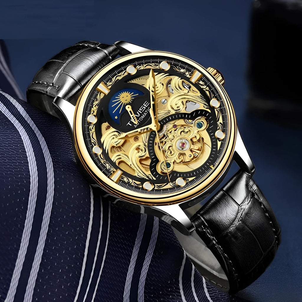 Men's automatic mechanical watch with waterproof case and leather strap in gold or white colour options