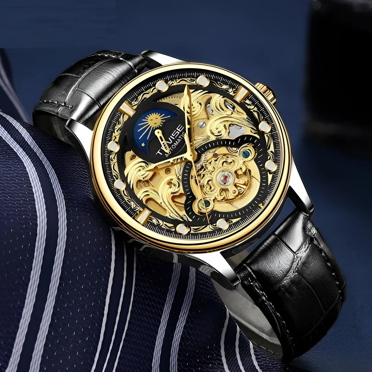 Men's automatic mechanical watch with waterproof case and leather strap in gold or white colour options
