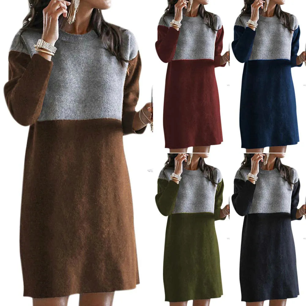 Brown women's patchwork skirt dress with long sleeves and loose round neck in cotton polar fleece fabric
