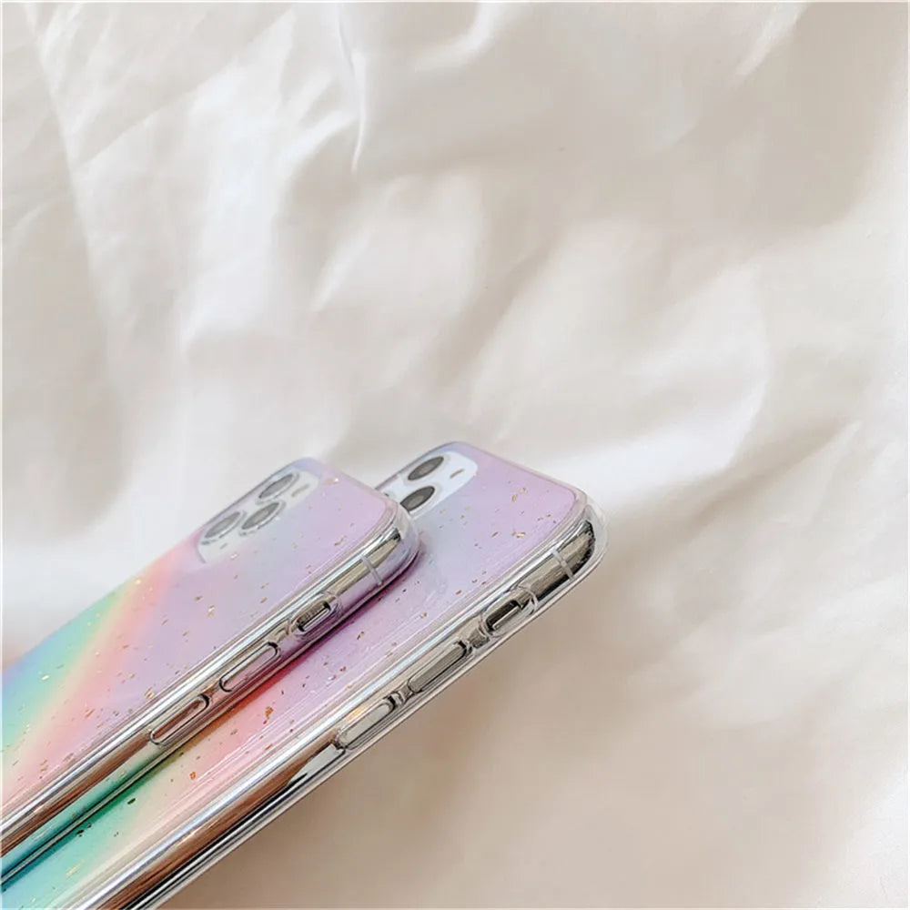 Rainbow gradient TPU iPhone case with striped design on iPhone