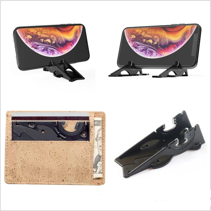 Plastic card type mobile phone holder in multiple colours on a desktop