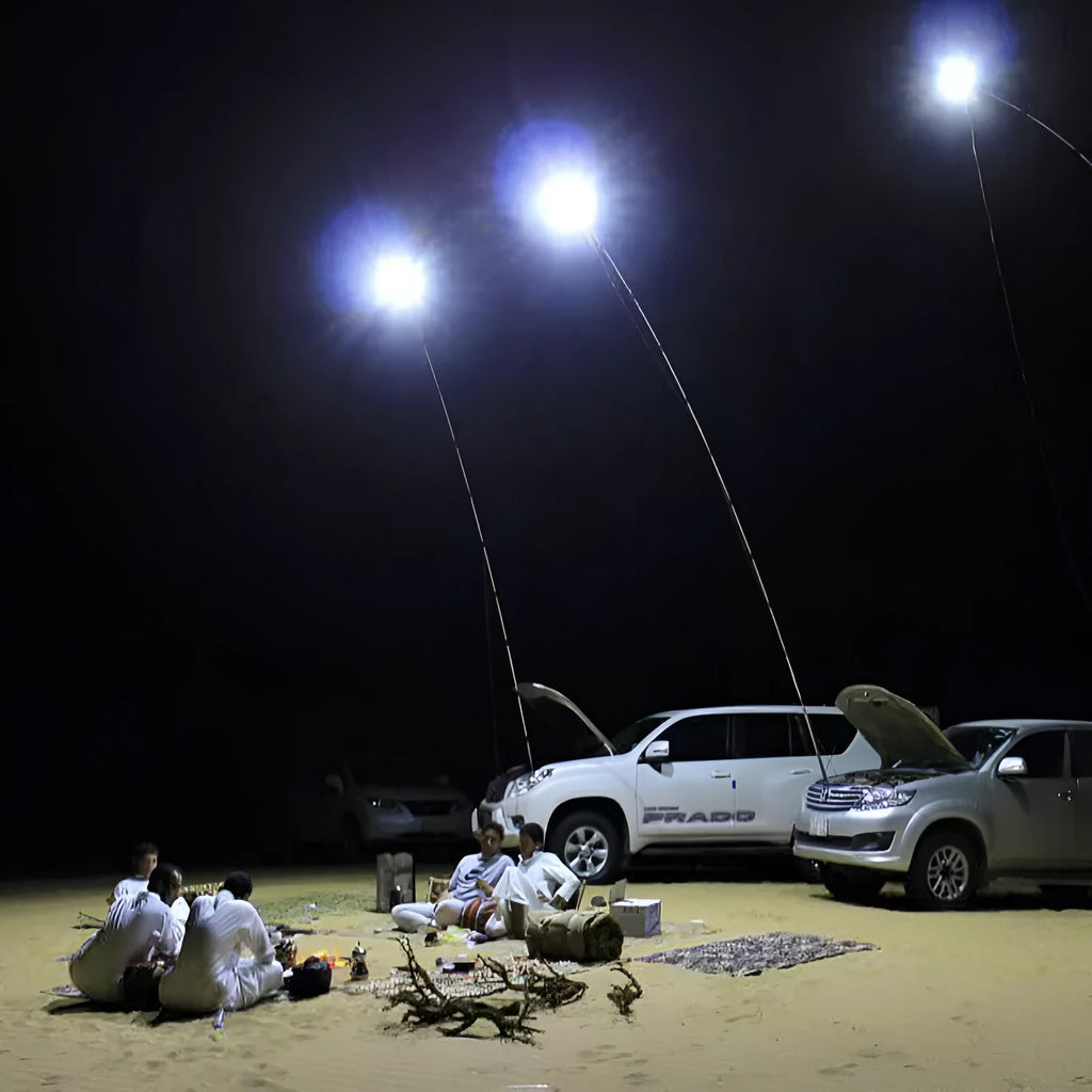 White LED fishing rod light with telescopic pole extended, remote control, showing 120x95mm panel size