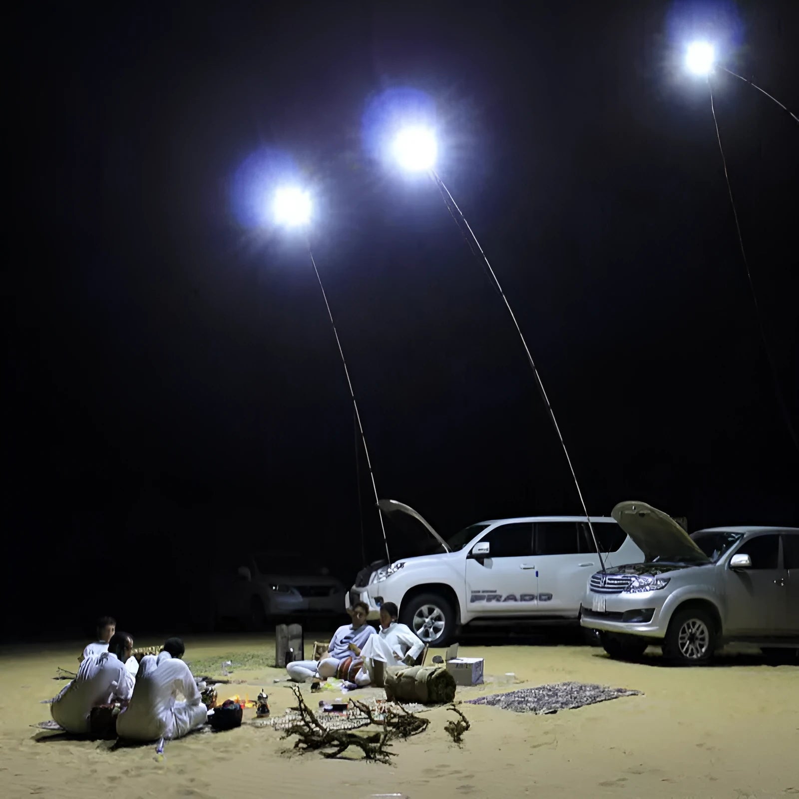 White LED fishing rod light with telescopic pole extended, remote control, showing 120x95mm panel size