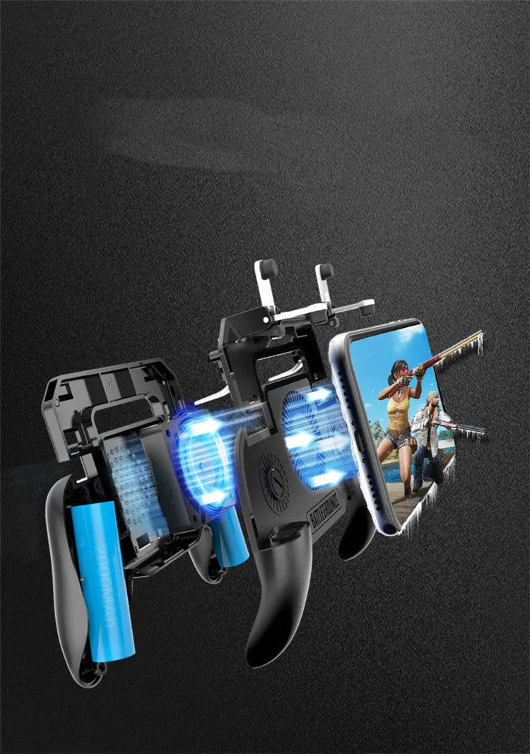 Black mobile game controller with grip and buttons for smartphones on a plain background