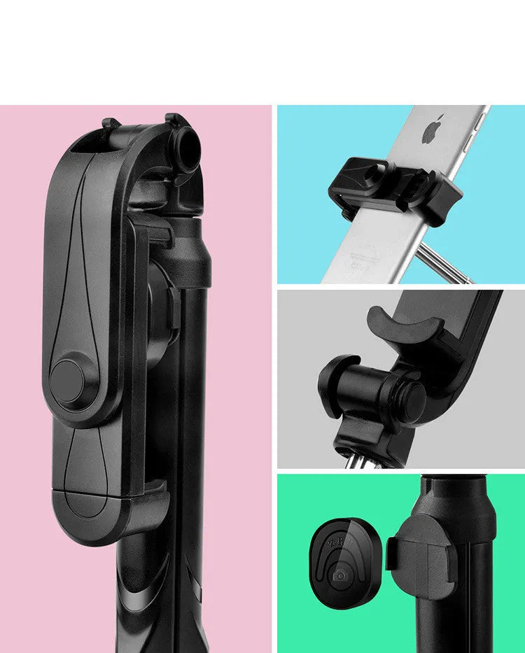 Apple-compatible black tripod selfie stand with Bluetooth remote and 360-degree rotating phone clip extended.