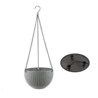 White hanging plant basket with inner tank and metal chain, showing 210mm diameter.