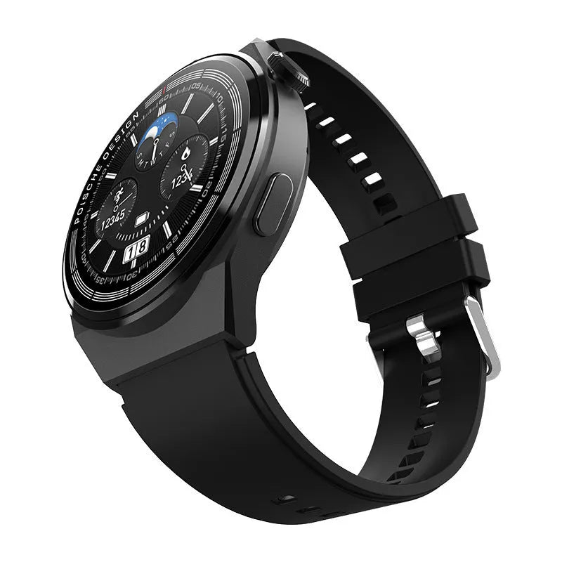 Black smartwatch with circular 1.39-inch screen on a silicone strap, showing call and payment functions.
