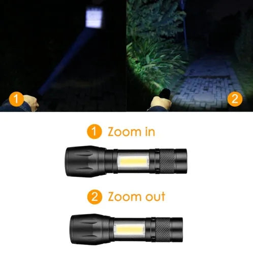 Black aluminium alloy mini telescopic flashlight with pocket clip and adjustable focus zoom.