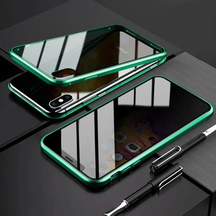 Black anti-peeping magnetic clamshell phone case for Samsung phones shown closed.
