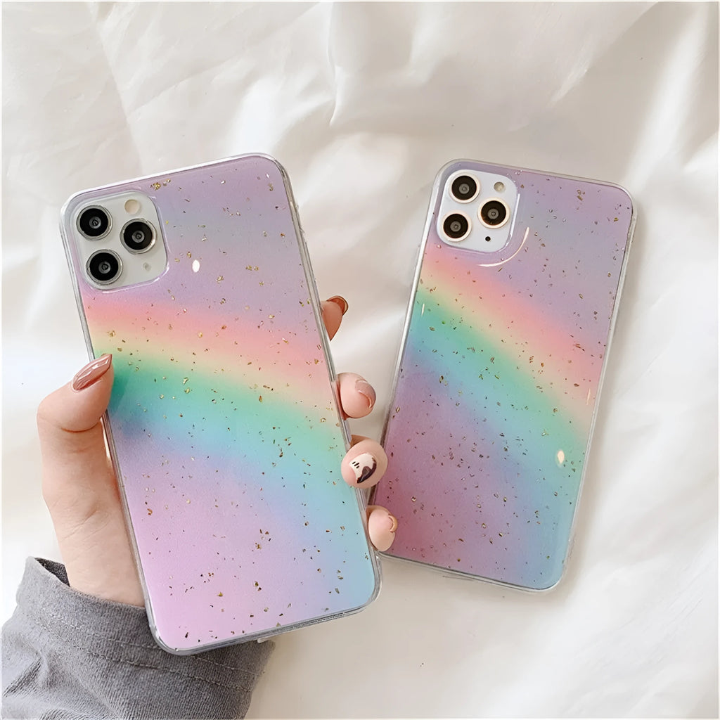Rainbow gradient TPU iPhone case with striped design on iPhone