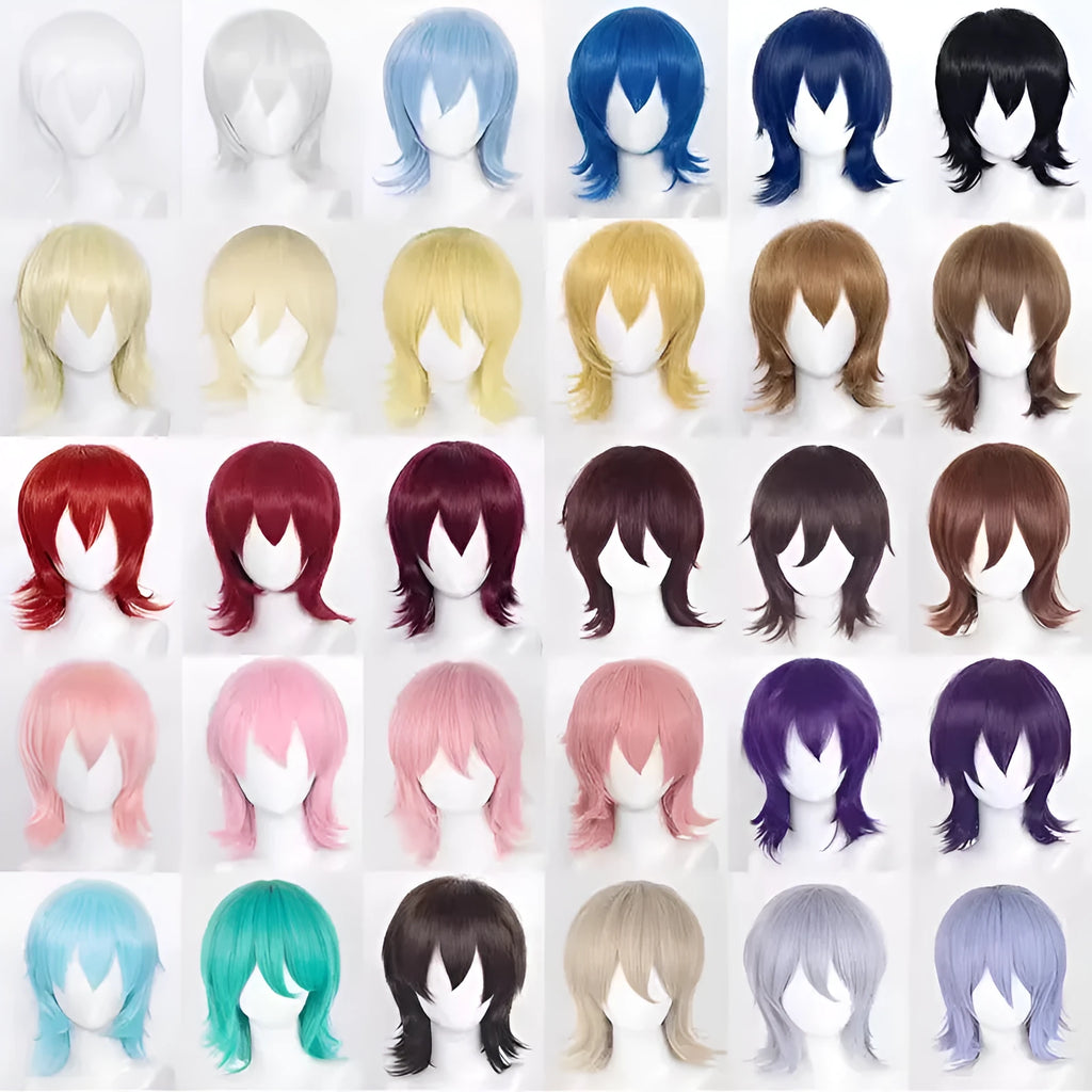 Men's short anime cosplay wig in high-temperature fibre on a wig stand, showing lengthened hair tail.