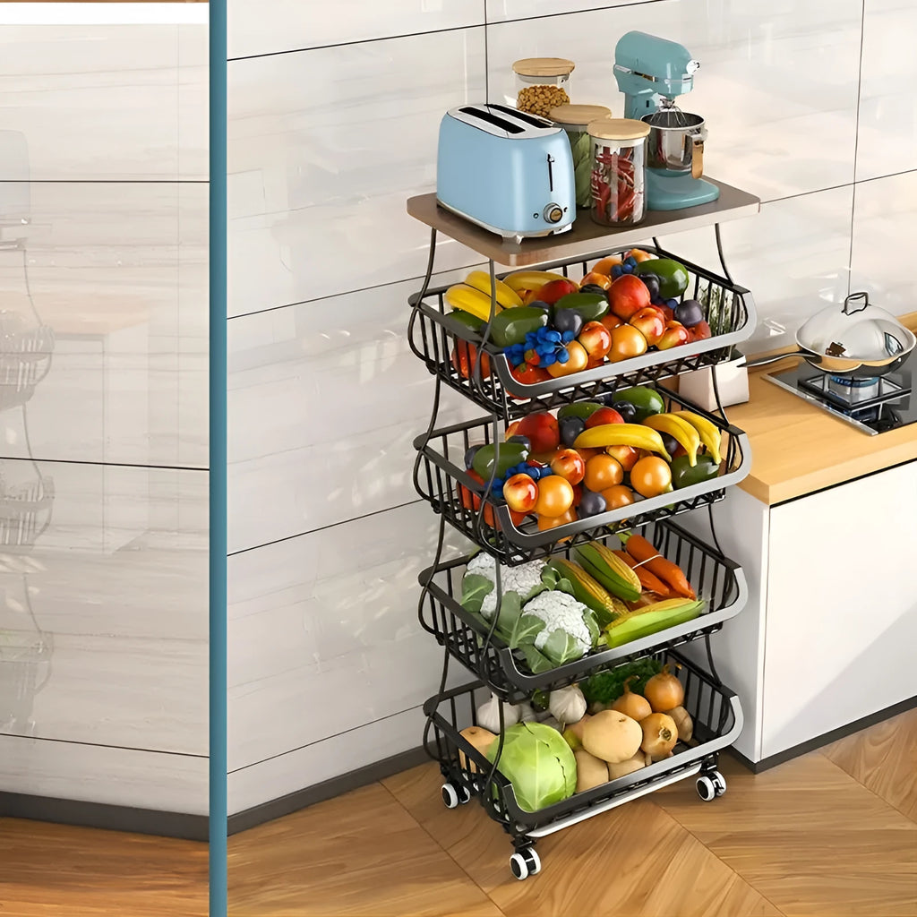 Black six layer floor standing kitchen storage trolley with metal frame