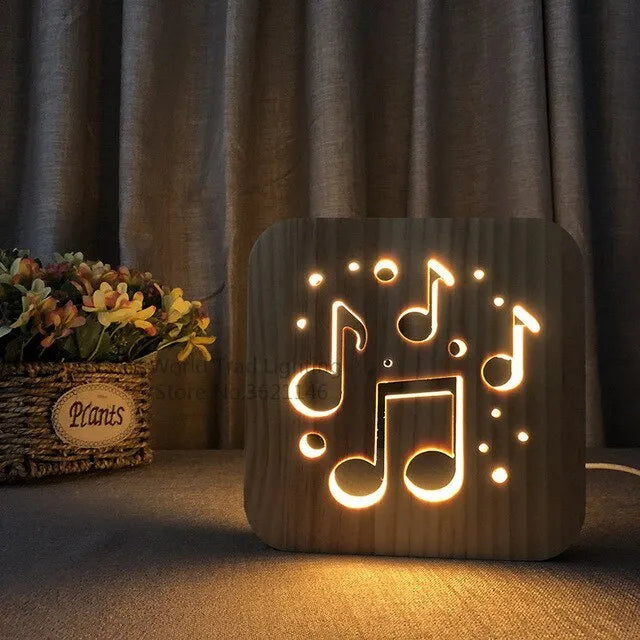 Wooden square LED atmosphere lamp with warm white 3D lighting and USB cable