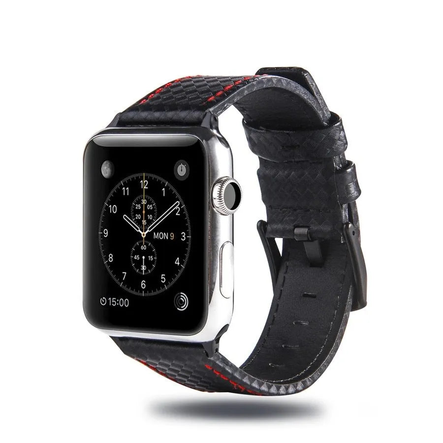 Leather Apple Watch strap with carbon fibre pattern in black, blue, orange, or red colours for 38mm 40mm or 42mm 44mm cases.