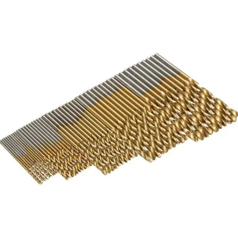 50-piece set of titanium-coated high-speed steel twist drill bits for metal, wood, and plastic drilling.
