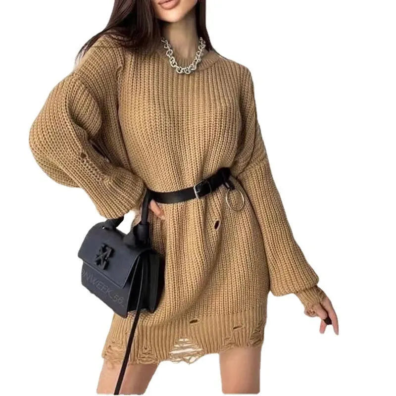 Women's loose hole knitted pullover sweater in solid colour, available in Rose Red, black and khaki, sizes S to XL