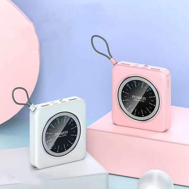 Mini alloy power bank in mint green, pink, or white showing multi USB ports and compact size.