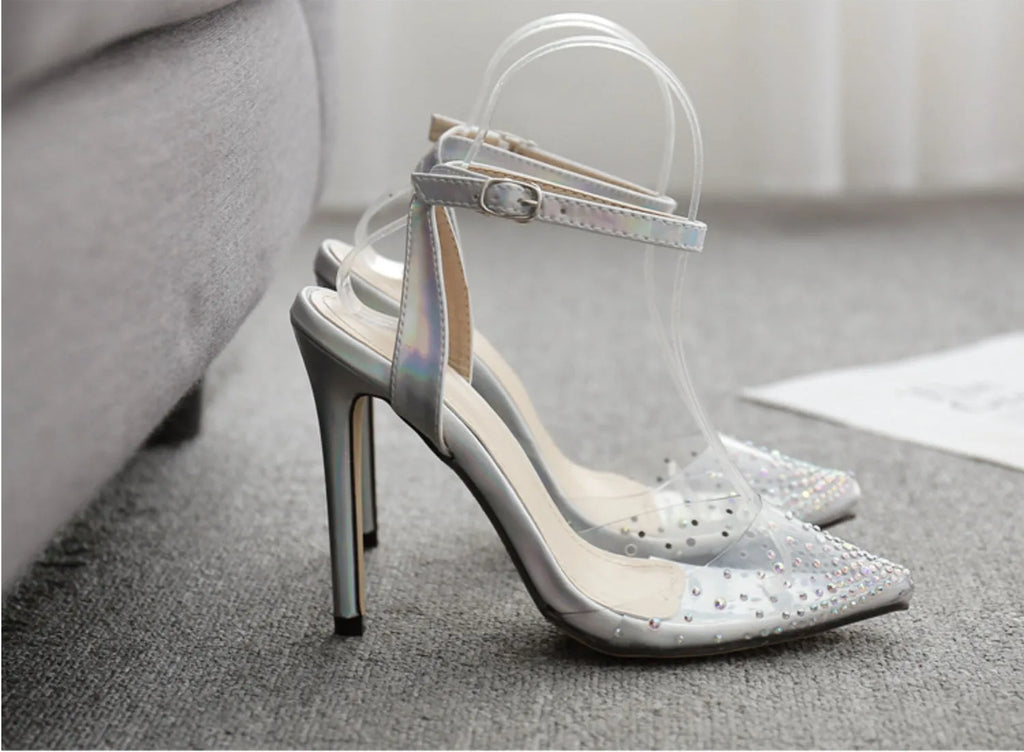 Women's pointed toe sandals with stiletto heel and diamond decoration on PVC upper