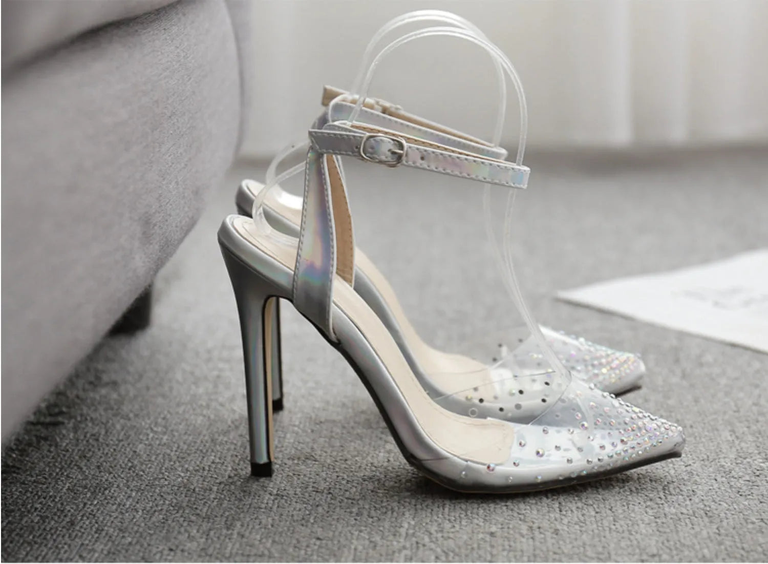 Women's pointed toe sandals with stiletto heel and diamond decoration on PVC upper