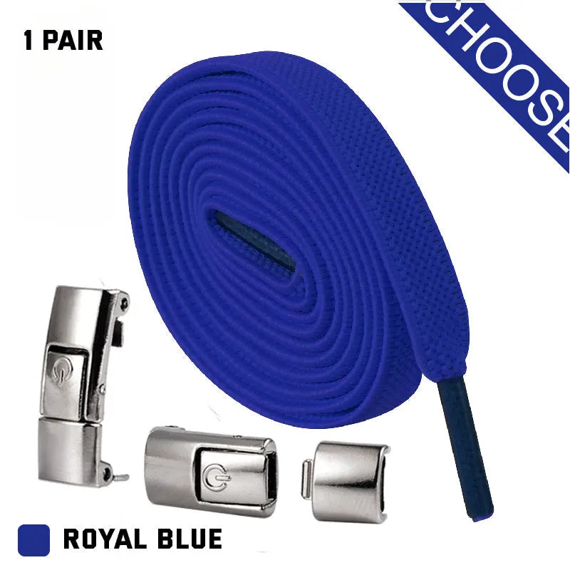 Set of press lock elastic shoelaces in 8mm widened flat shape on a white background.