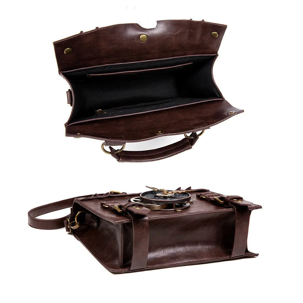 Bronze steampunk industrial retro shoulder bag with metal hardware on horizontal square pillow shape