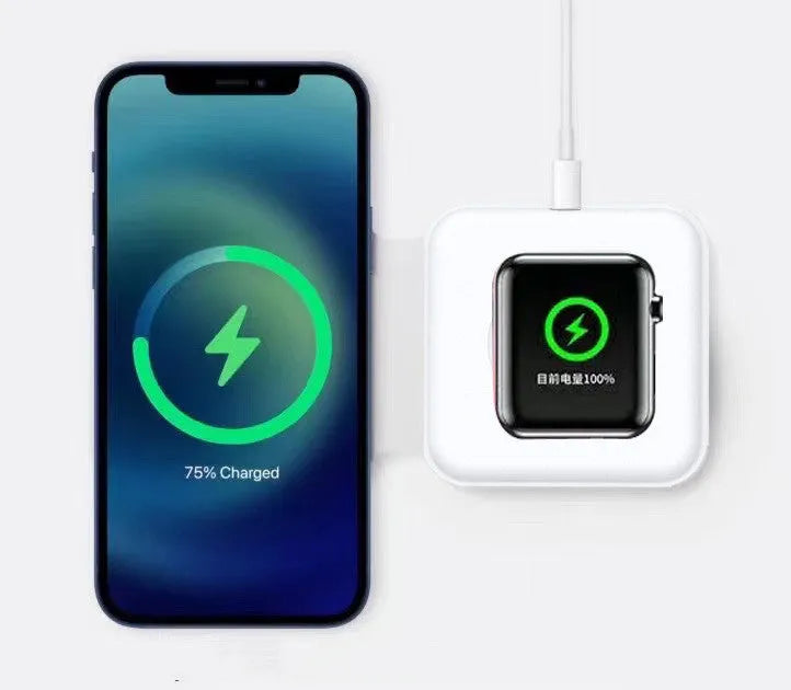 White folding dual wireless charger for iPhone and Apple Watch, 19mm thin, magnetic, Type-C