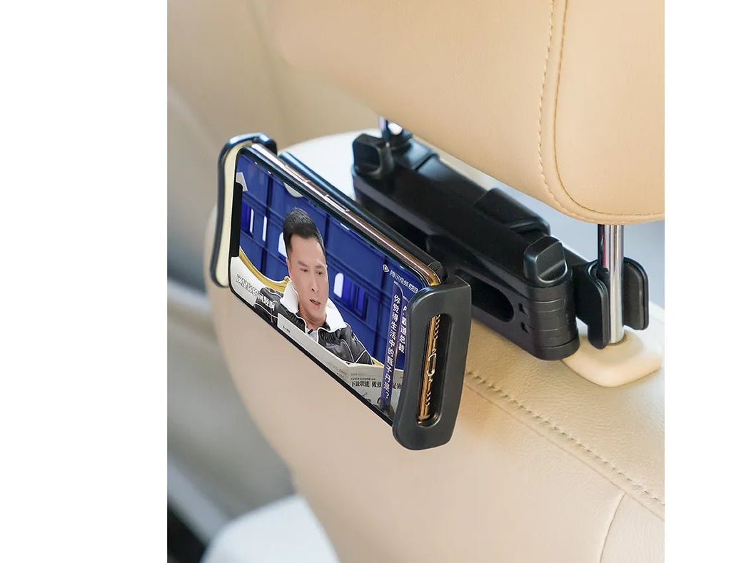 Black car phone holder mounted on rear seat base with universal tablet cradle