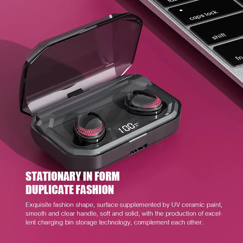 Black Bluetooth headset with charging case showing 8-hour call time and 100-hour standby specifications