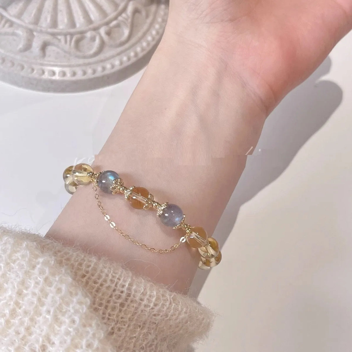 Chinese style women's crystal bracelet with moonstone golden sun stone design and gold electroplating