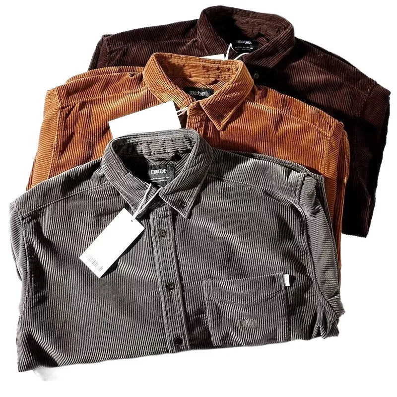 Loose fit caramel corduroy shirt with long sleeves and cardigan styling