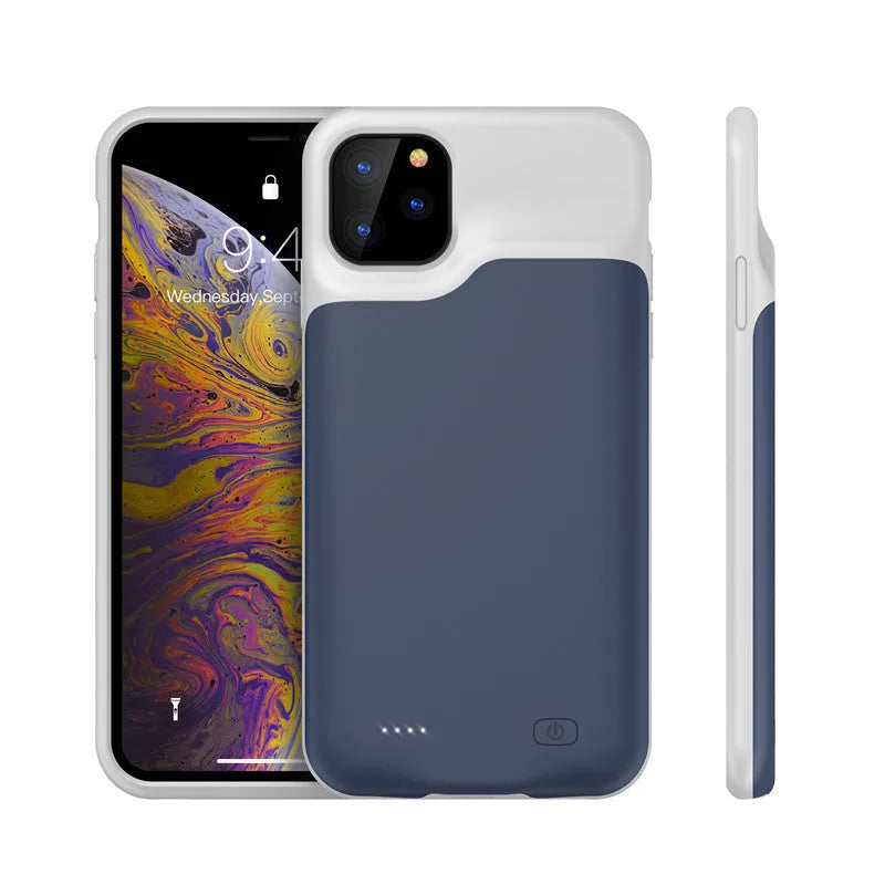 Shockproof silicone iPhone battery charger case in black, blue, pink, or white with integrated high-capacity battery.