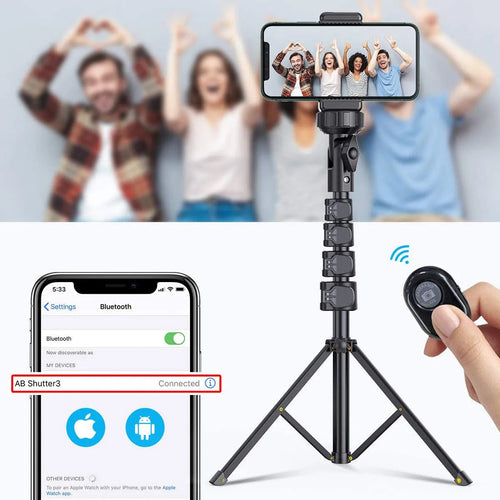 Black aluminium selfie stick tripod for iPhone photography with telescopic sections