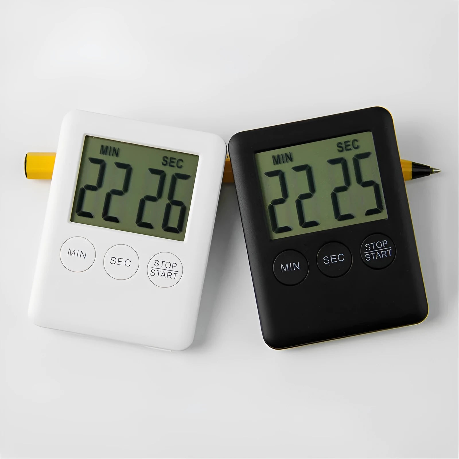 Black and white digital kitchen timer with magnetic back and count up/countdown functions