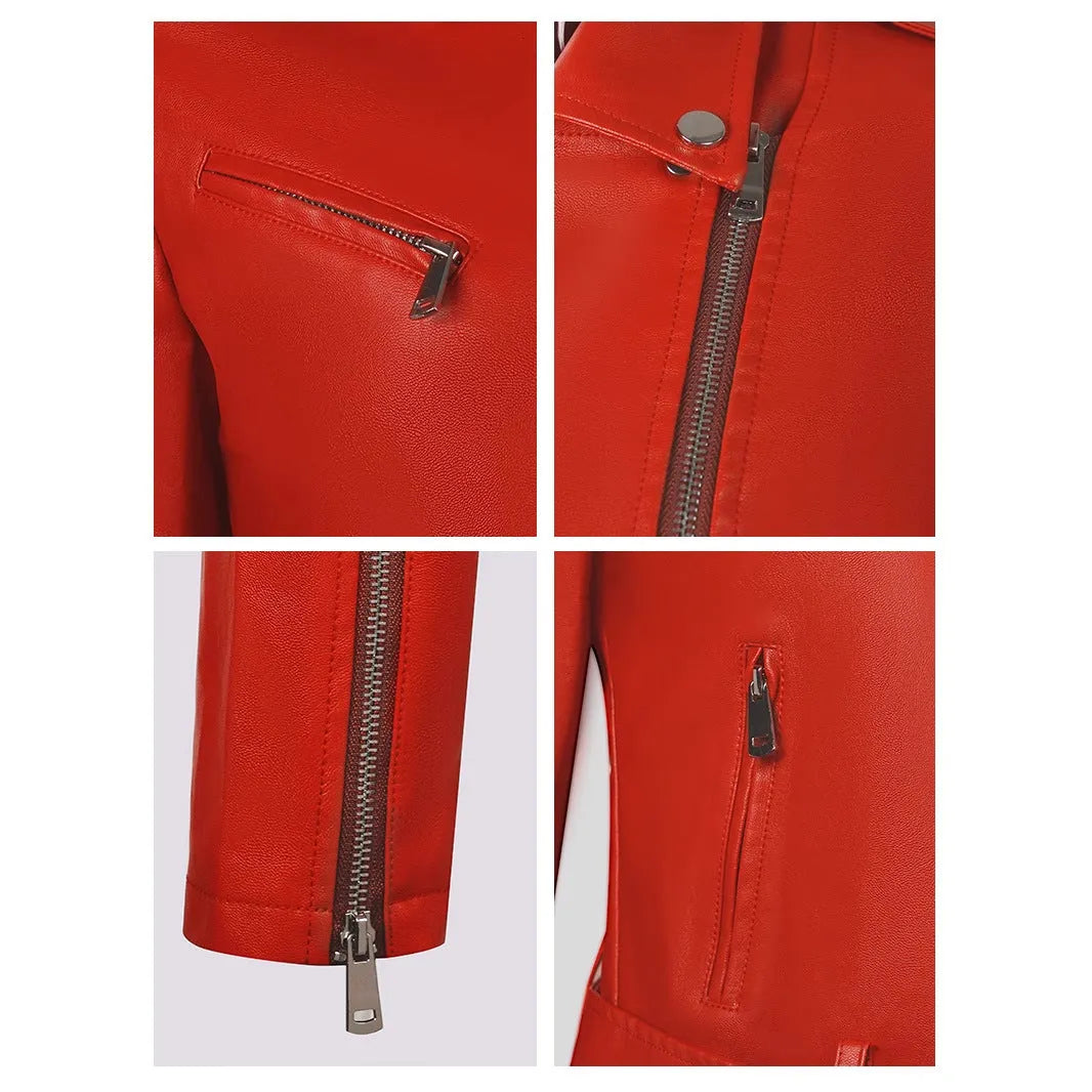 Women's black PU leather motorcycle jacket with lapel collar and waist belt