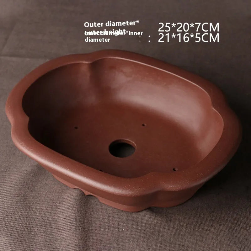 Handmade purple clay bonsai basin with classical Chinese style, measuring 25cm long by 20cm wide by 7cm deep