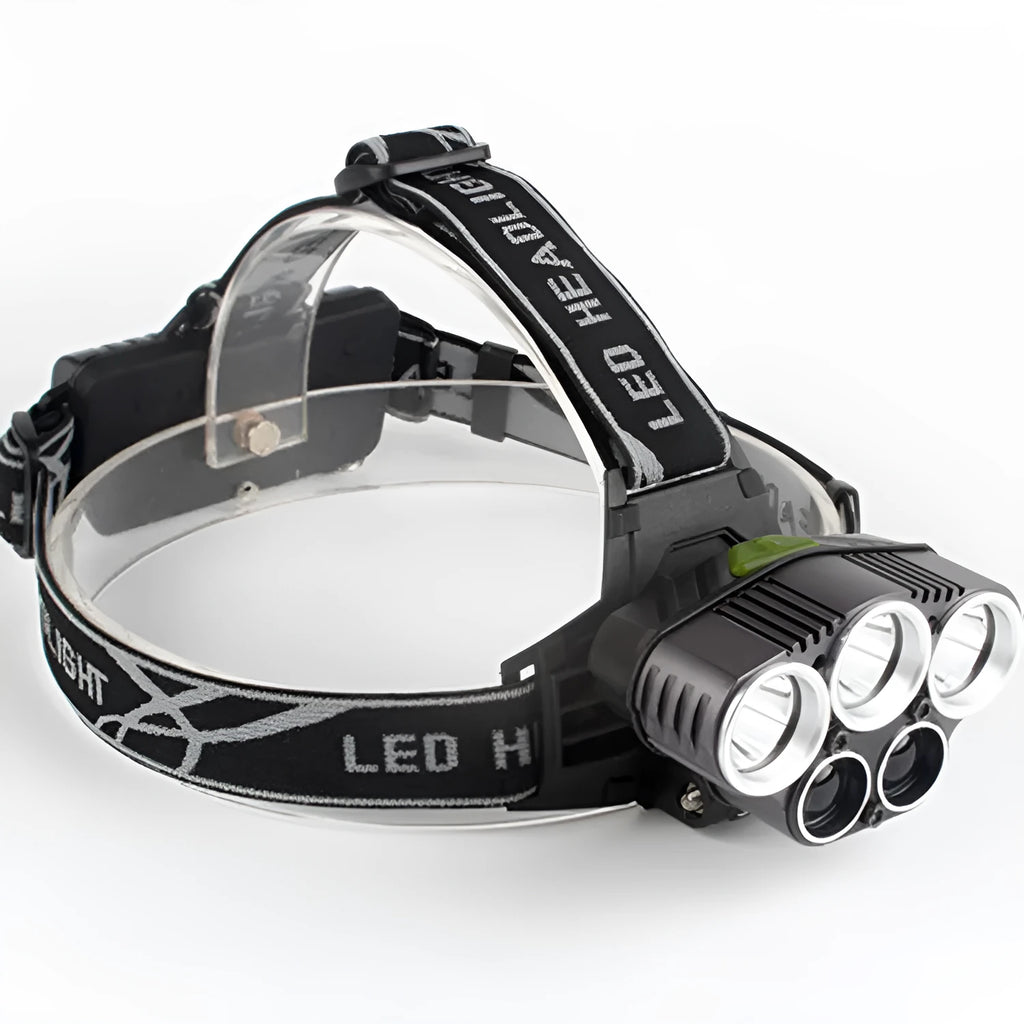 Black LED headlamp with long-range beam capability up to 500 metres and waterproof casing