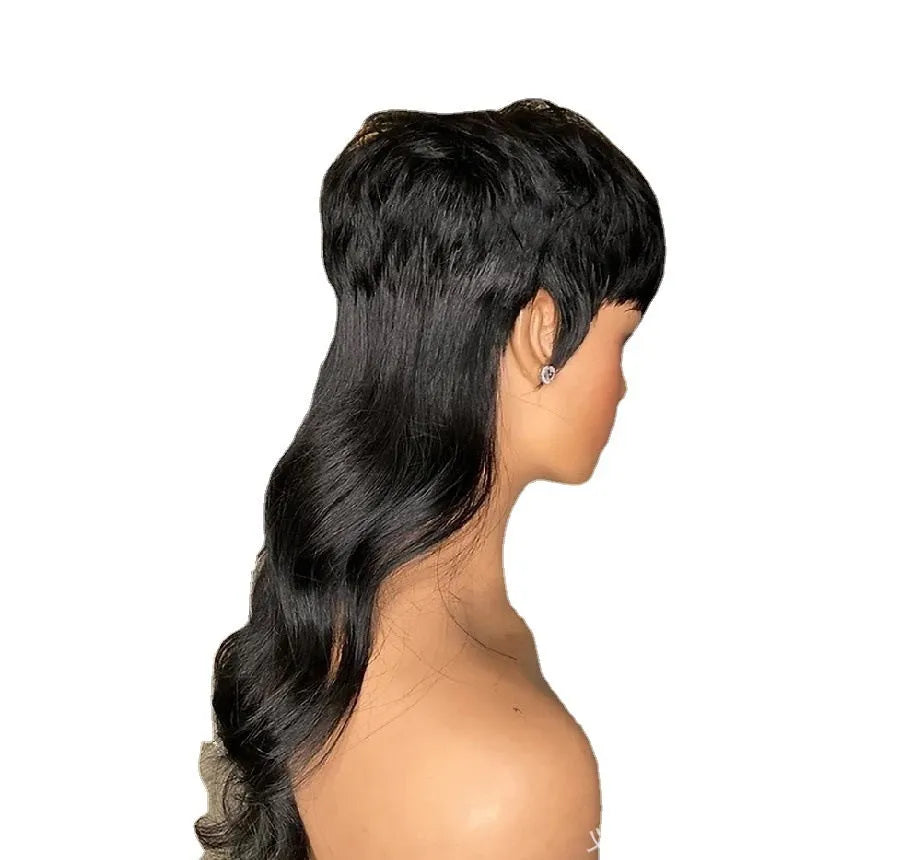 Black Brazilian wig with short front layers and long back hair in layered style