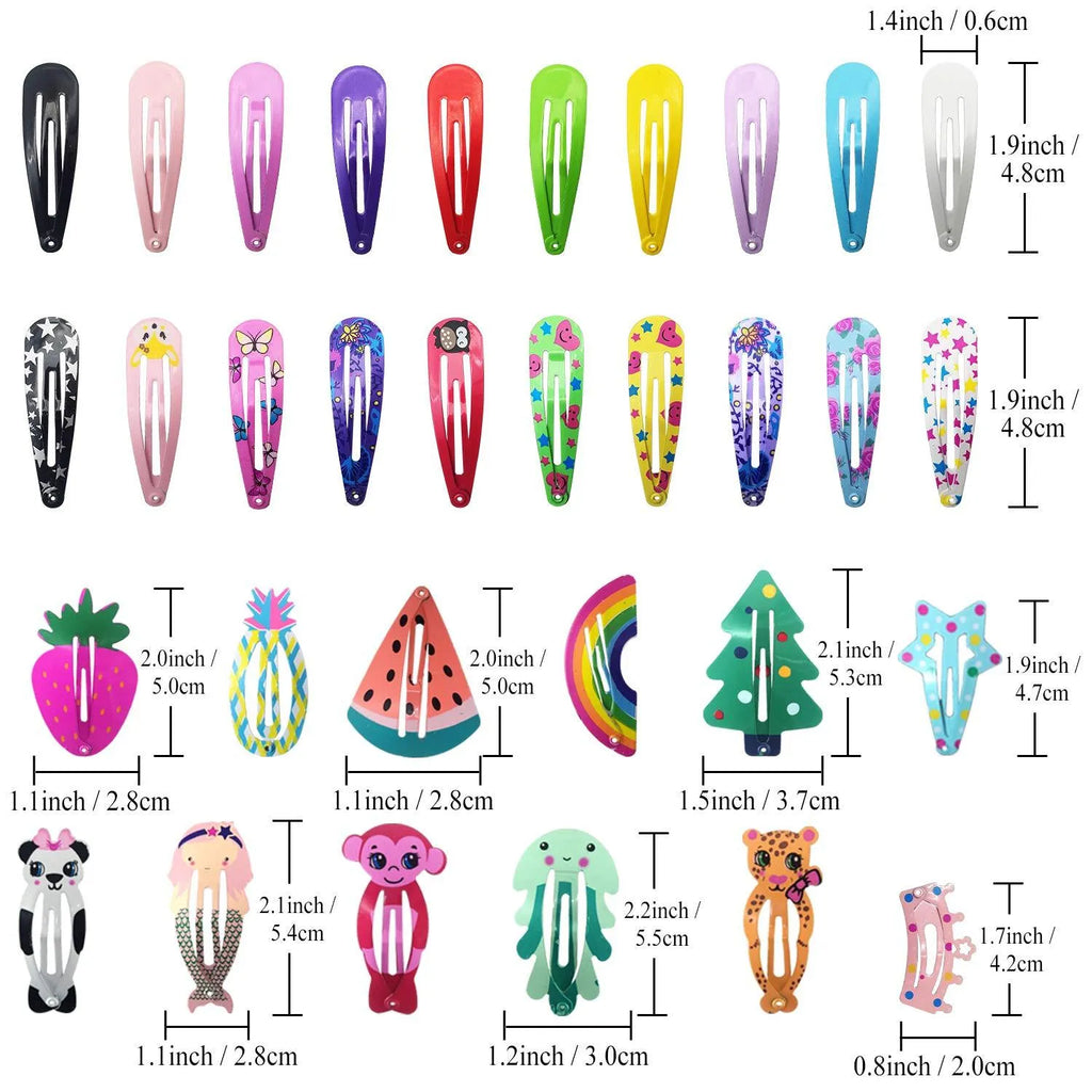 100-piece assortment of candy-colour hair clips with animal, fruit, crown, and star designs featuring metal snap fastenings