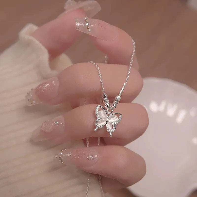 925 silver butterfly necklace with cross chain and adjustable 41-50cm length