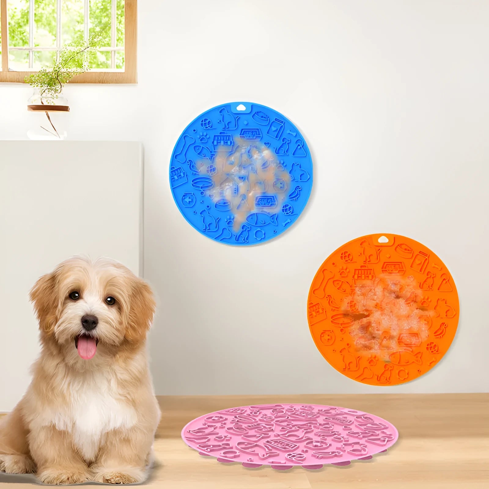 Round silicone pet licking mat in mintcream colour with textured surface and non-slip base